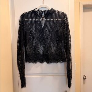 Tempt Me Black Sheer Lace Long Sleeve Crop Top : Size: M